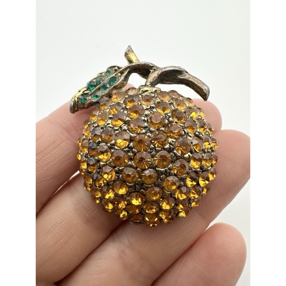 Vintage Rhinestone Orange Fruit Pin Brooch Gold Tone
